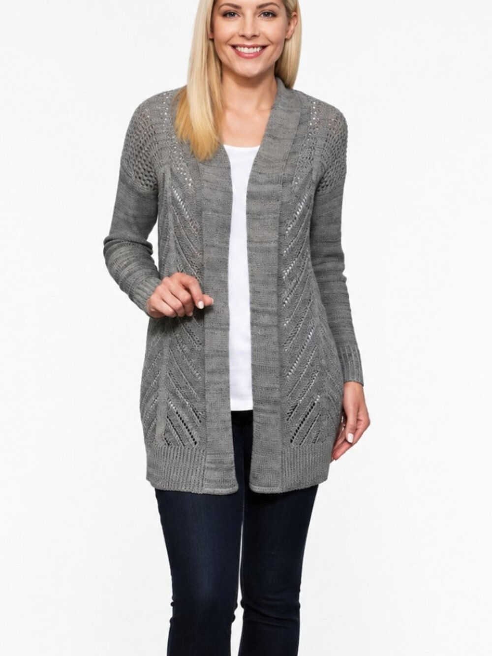 Leo & Nicole Gray Long Open Knit Tunic Length Cardigan Sweater Size S